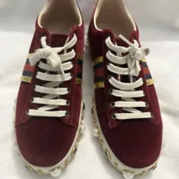 $1180 LkNEW GUCCI Burgundy Velvet New Ace Faux-Pearl Platform Sneakers RARE 37.5 - Picture 2 of 14